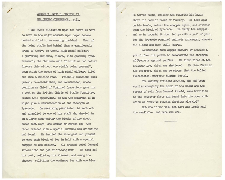 Unpublished Draft From Winston Churchill's Memoir, ''The Second World War'' -- Churchill Recounts an Entertaining Story From the Quebec Conference Regarding Mountbatten Shooting at a Block of Pykrete